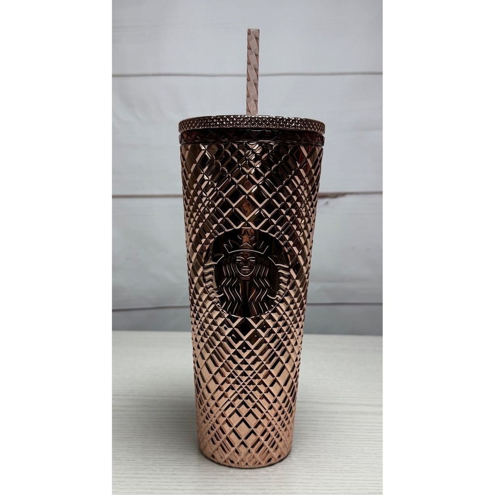 NWT / Starbucks Rose Gold Studded Tumbler with Straw 24‎ oz / Sku0076